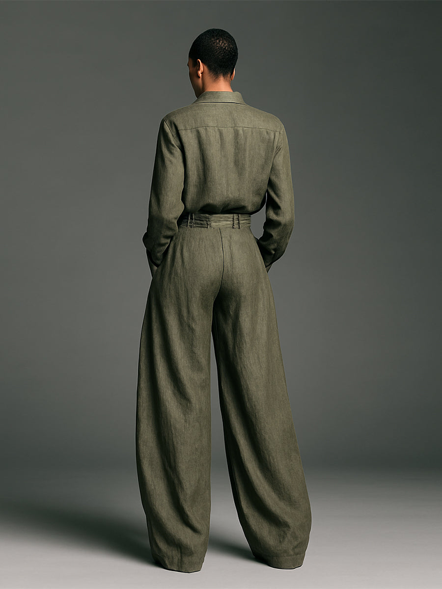 Women's Fashion Cotton And Linen Blended Long Sleeve Shirt Wide Leg Pants Two-Piece Set - Eliza-Warszawa