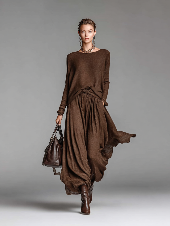 Women's Fashion Round Neck Knitted Sweater Skirt Set