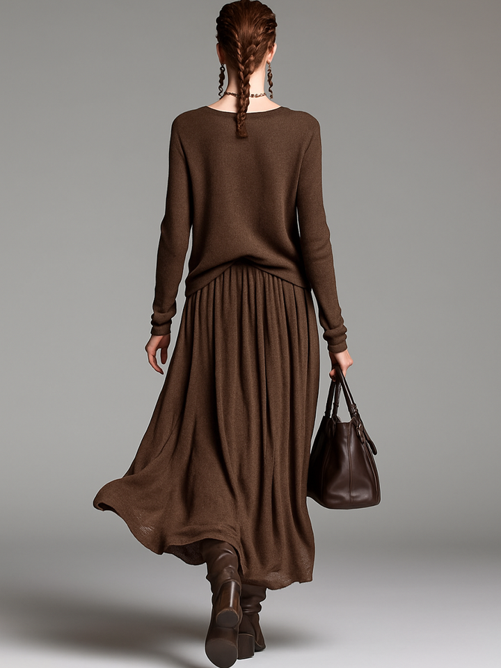 Women's Fashion Round Neck Knitted Sweater Skirt Set