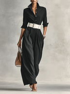Women's Lapel Single Breasted Long Sleeve Belted Jumpsuit - Eliza-Warszawa