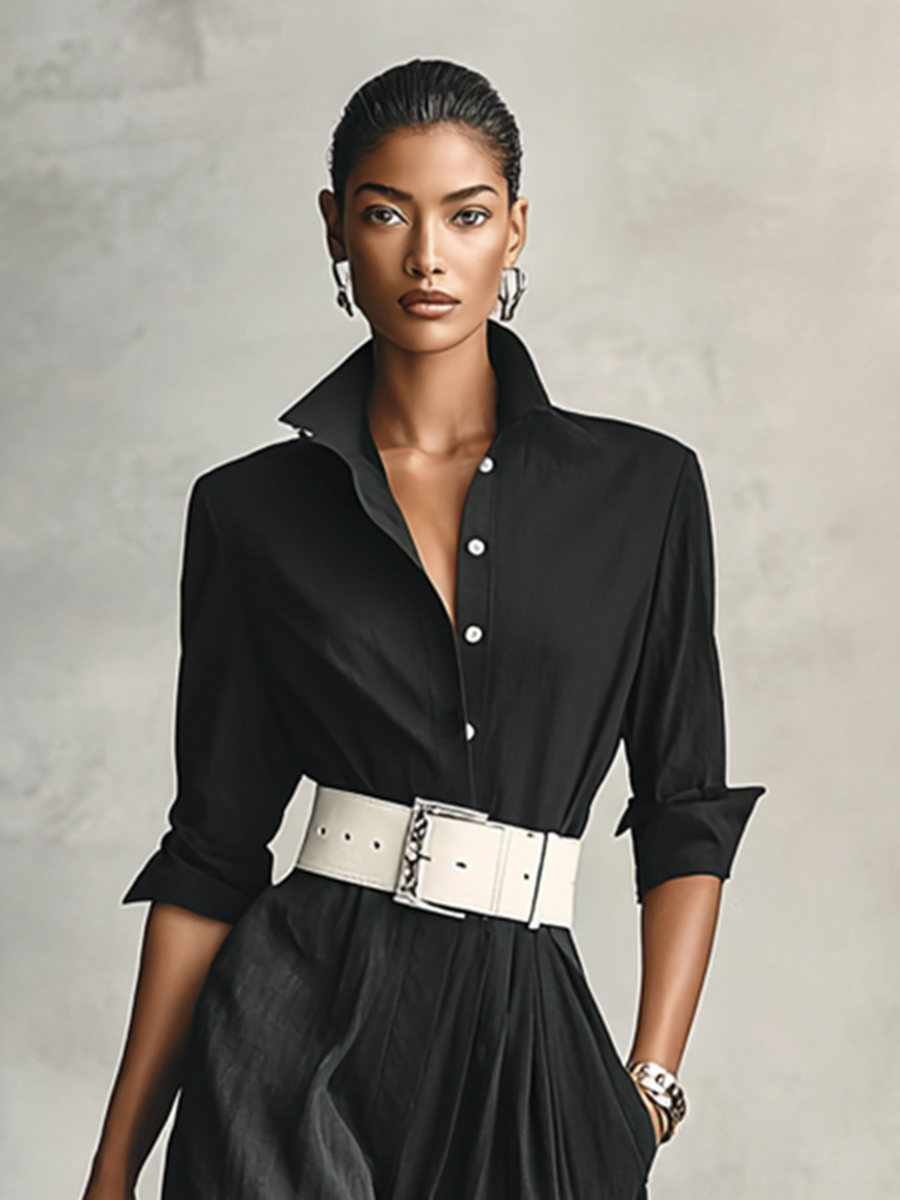 Women's Lapel Single Breasted Long Sleeve Belted Jumpsuit - Eliza-Warszawa