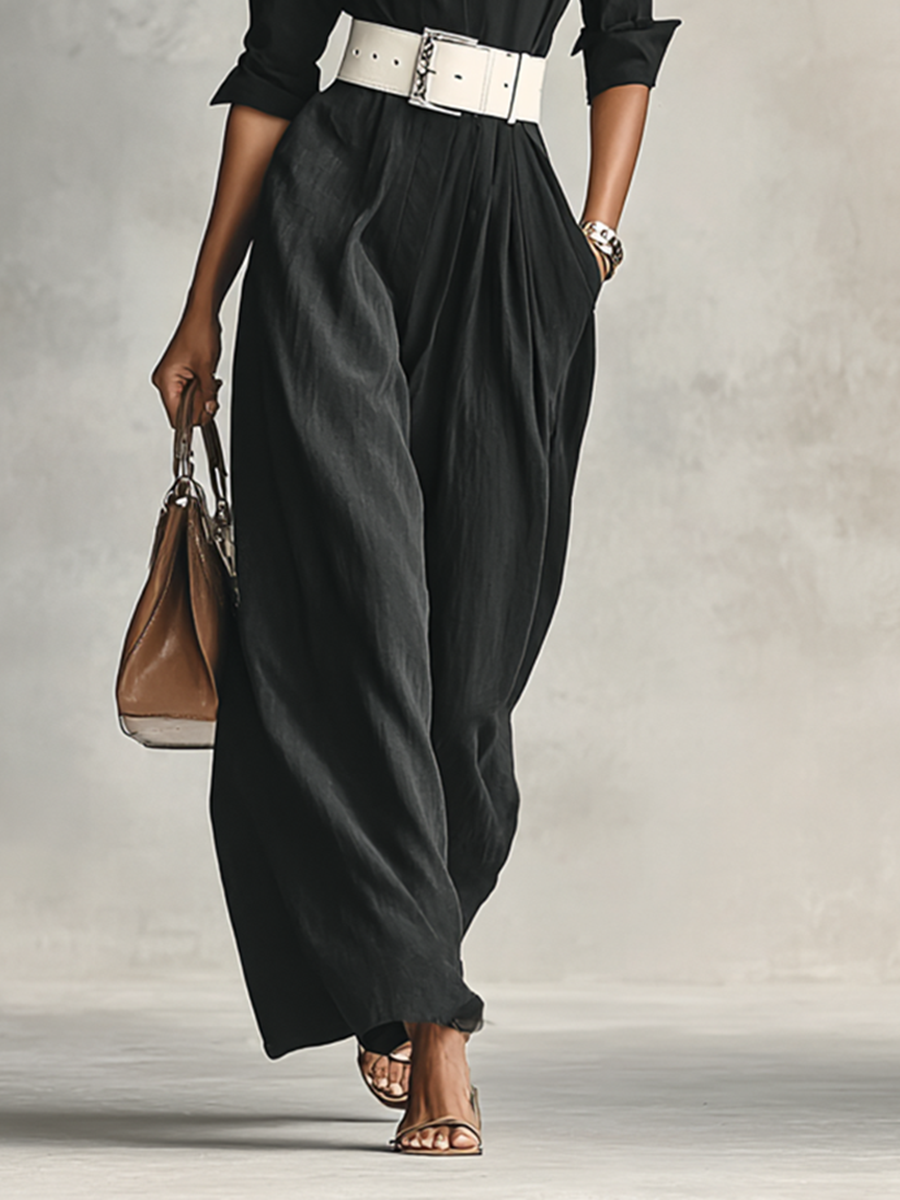 Women's Lapel Single Breasted Long Sleeve Belted Jumpsuit - Eliza-Warszawa