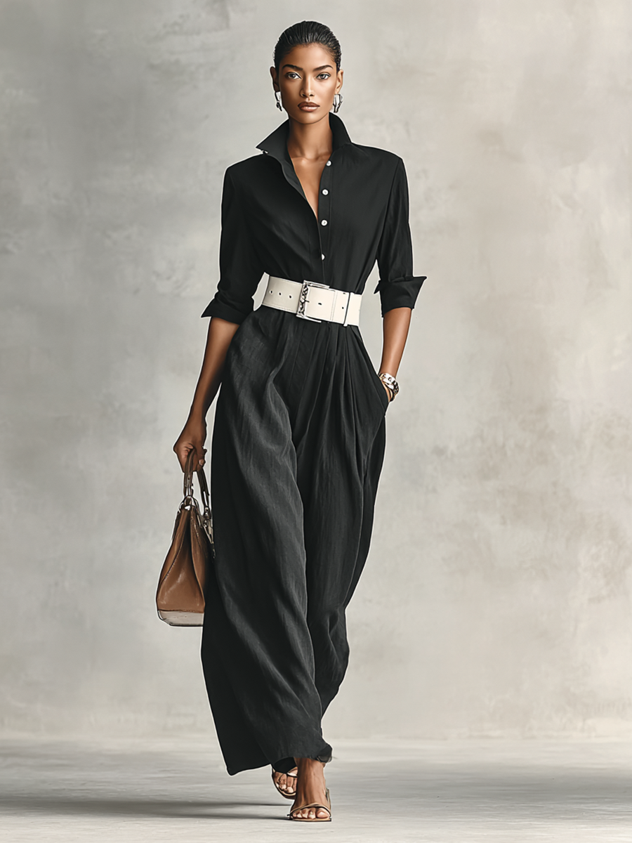 Women's Lapel Single Breasted Long Sleeve Belted Jumpsuit - Eliza-Warszawa