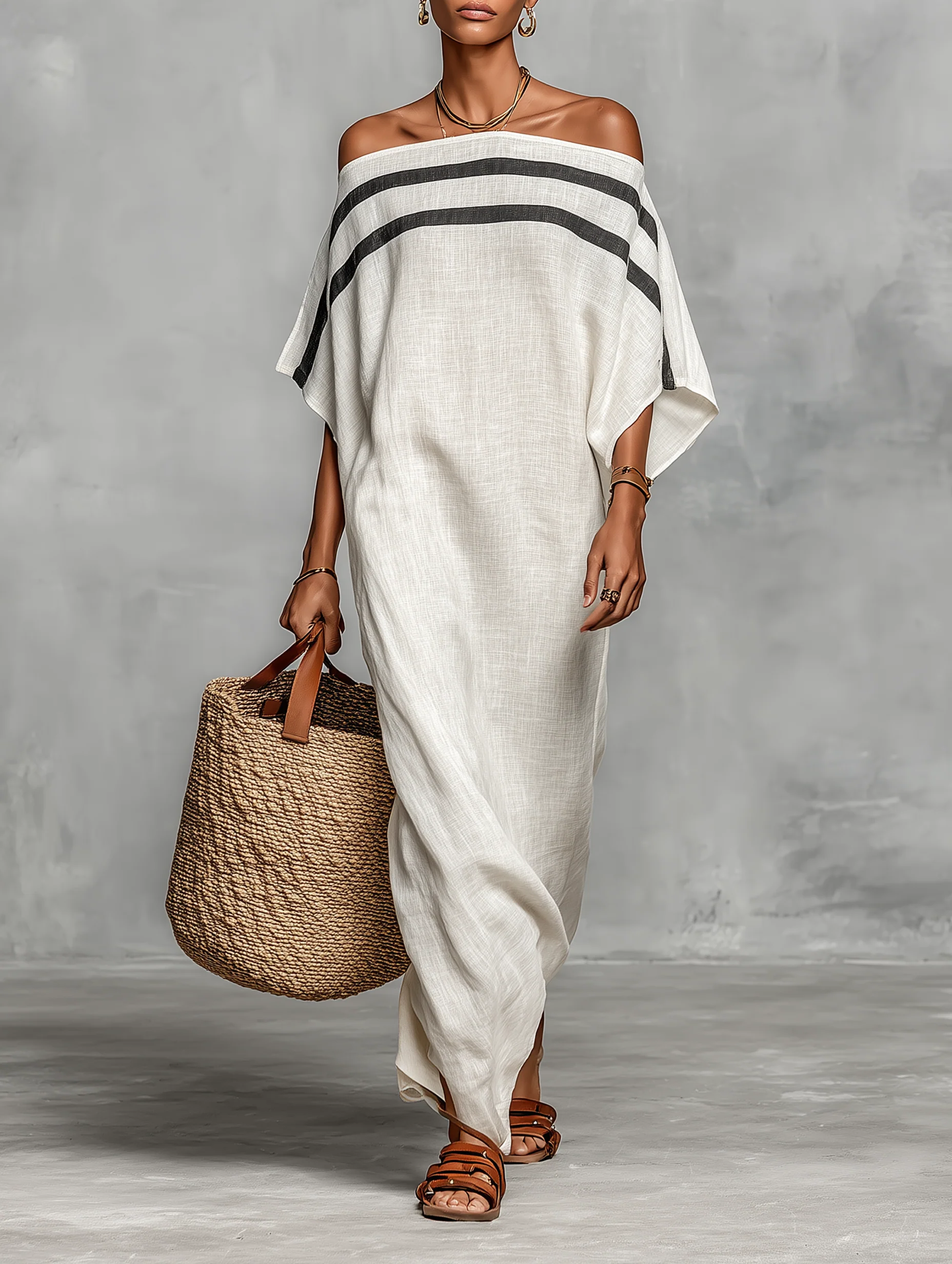 Women's Minimalist Off-Shoulder Batwing Sleeve Linen Maxi Dress - Eliza-Warszawa