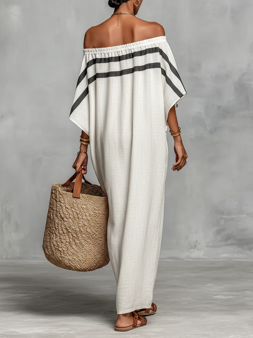 Women's Minimalist Off-Shoulder Batwing Sleeve Linen Maxi Dress - Eliza-Warszawa