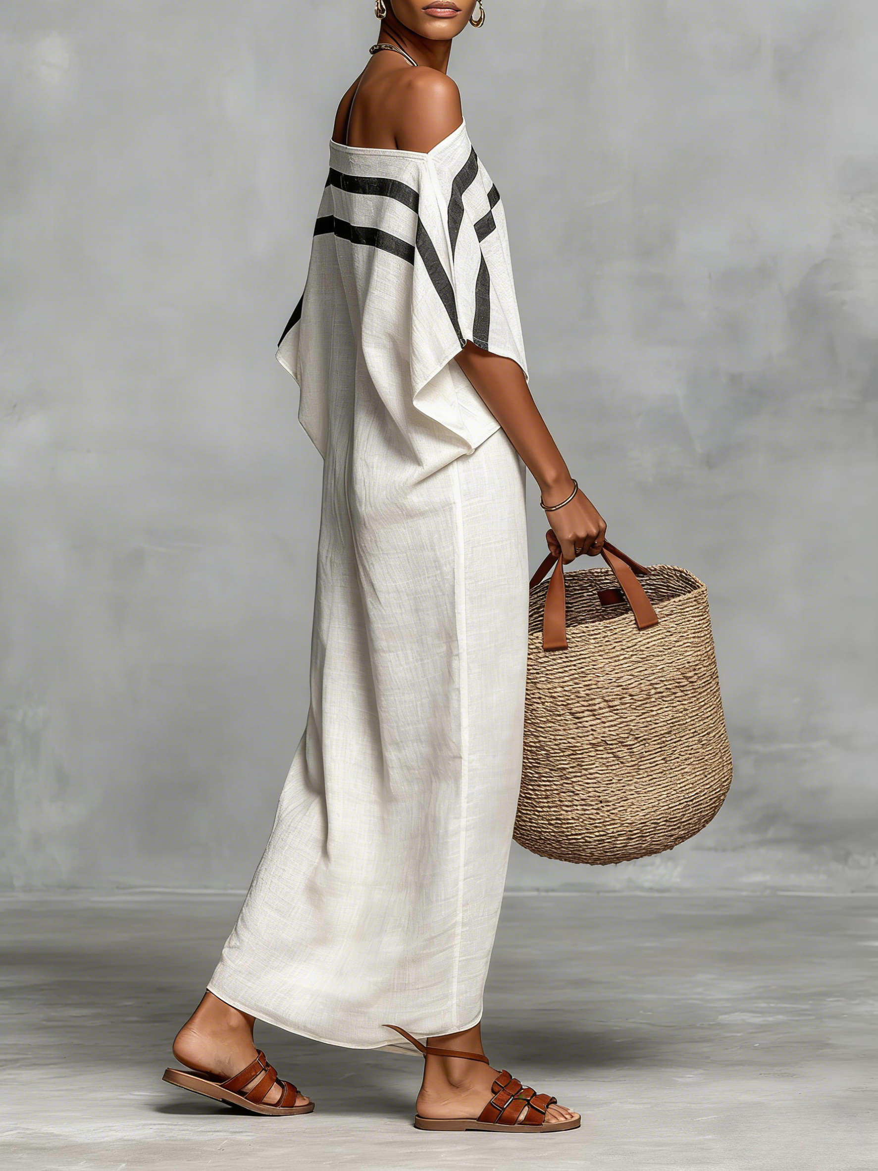 Women's Minimalist Off-Shoulder Batwing Sleeve Linen Maxi Dress - Eliza-Warszawa