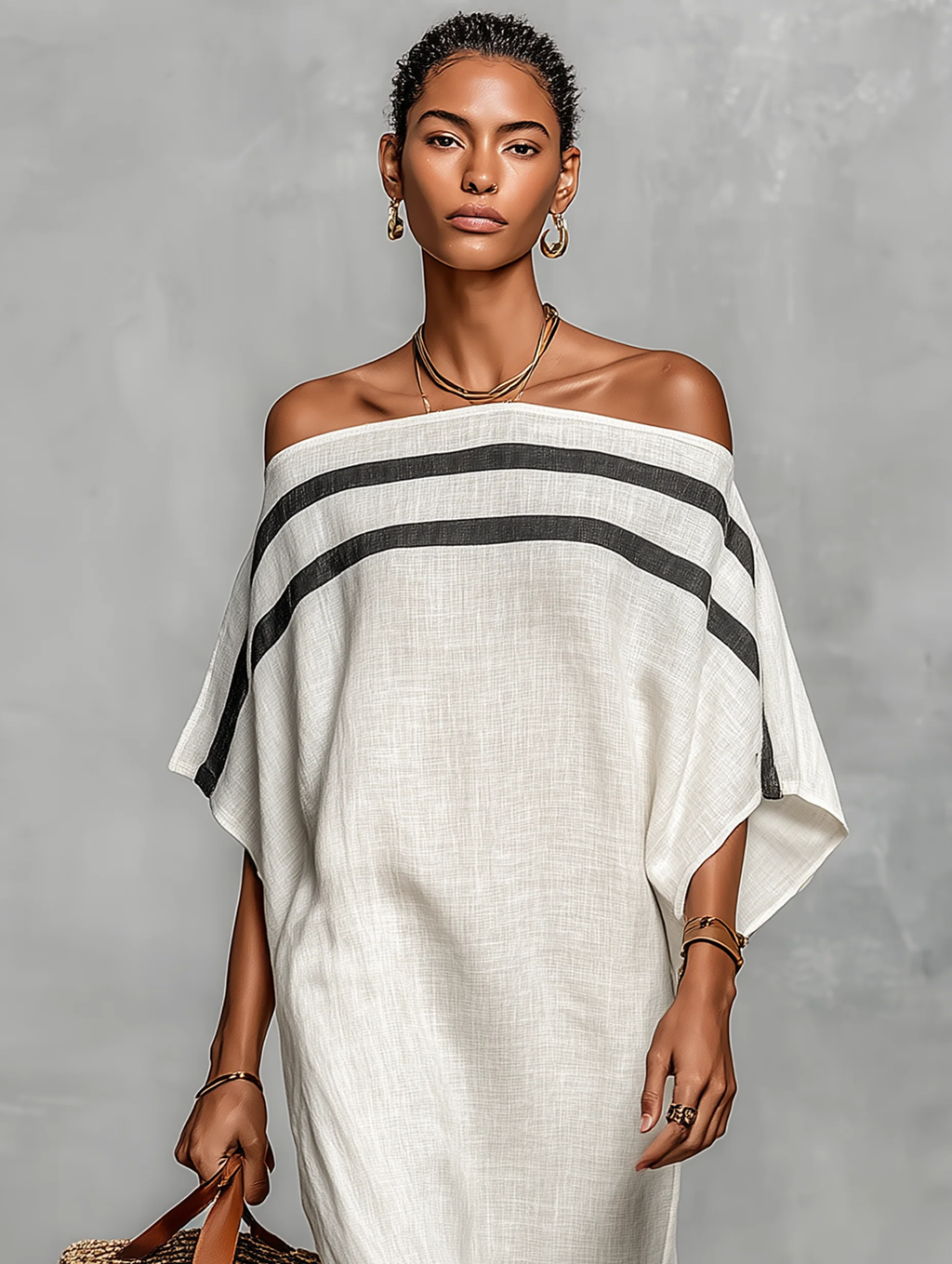 Women's Minimalist Off-Shoulder Batwing Sleeve Linen Maxi Dress - Eliza-Warszawa