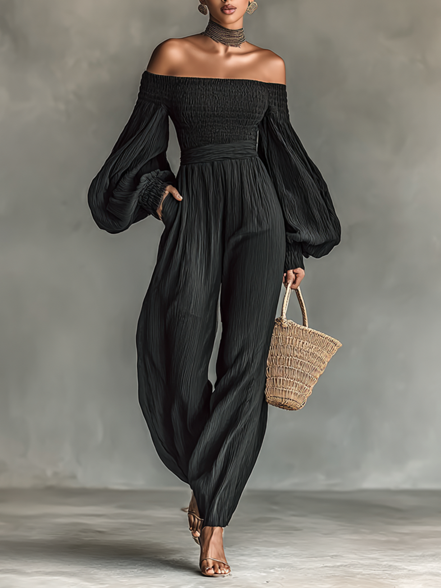 Women's Off-the-shoulder Long-sleeved Pleated Fabric Jumpsuit - Eliza-Warszawa