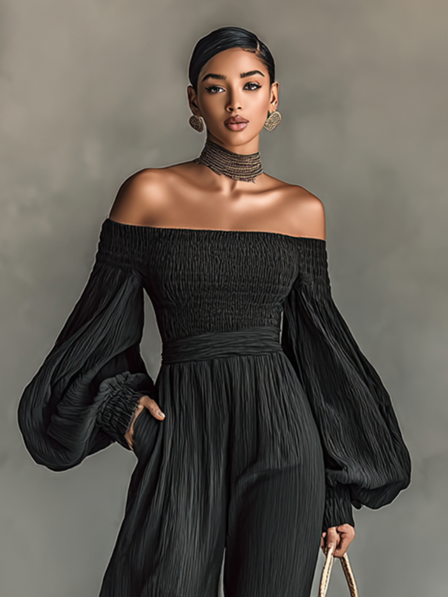 Women's Off-the-shoulder Long-sleeved Pleated Fabric Jumpsuit - Eliza-Warszawa