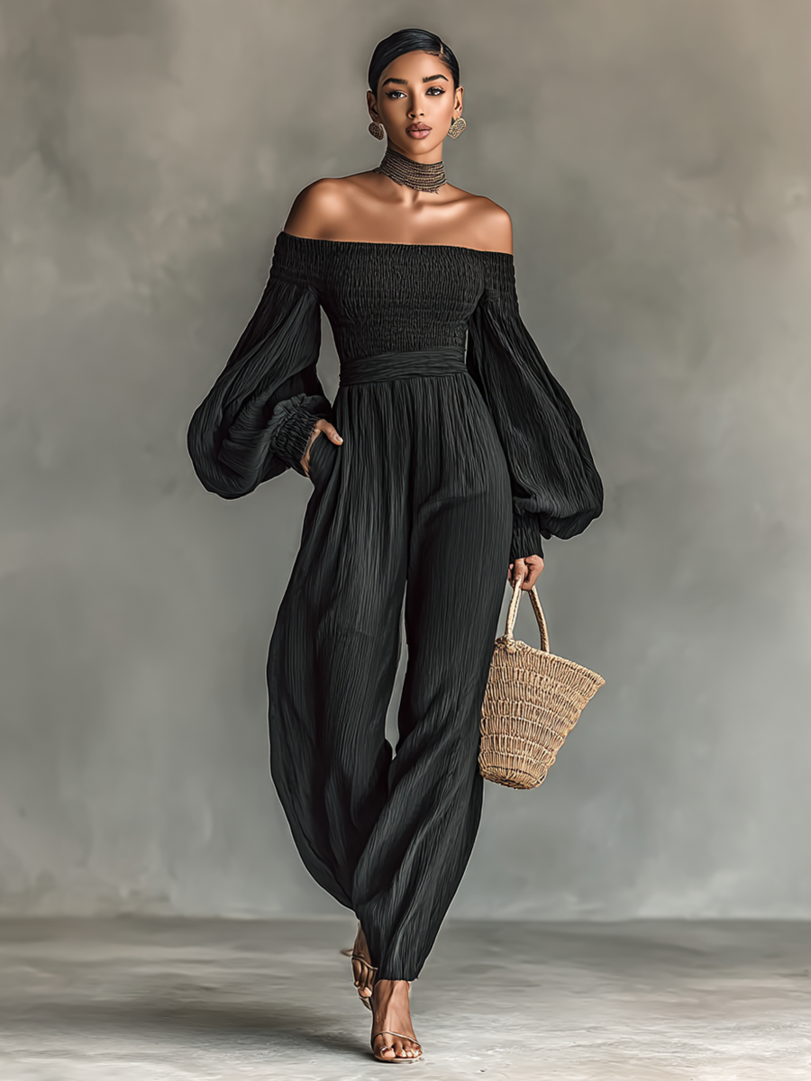 Women's Off-the-shoulder Long-sleeved Pleated Fabric Jumpsuit - Eliza-Warszawa