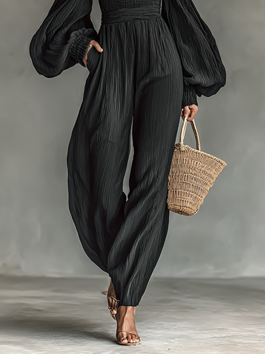 Women's Off-the-shoulder Long-sleeved Pleated Fabric Jumpsuit - Eliza-Warszawa