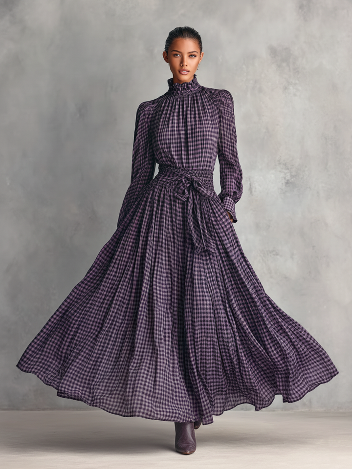 Women's Plaid Blended Half-high Collar Long-sleeved Blouse And Long Skirt Set