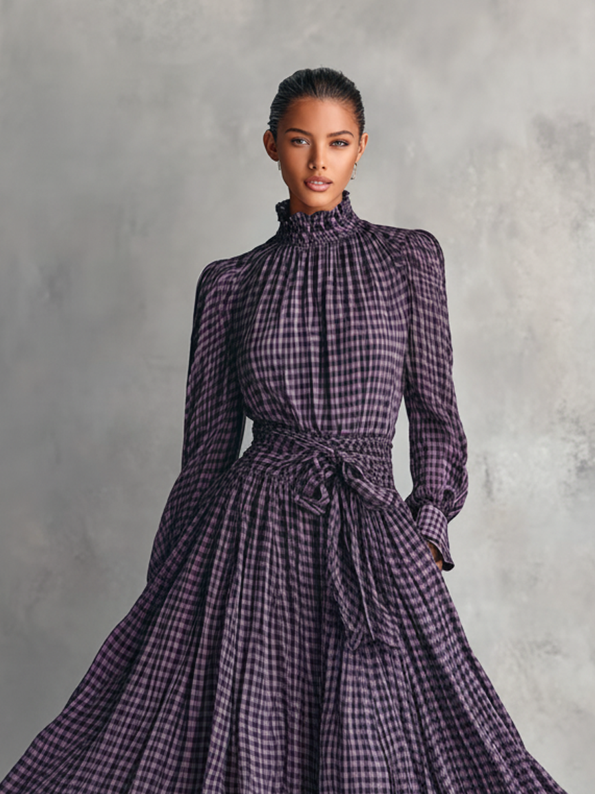 Women's Plaid Blended Half-high Collar Long-sleeved Blouse And Long Skirt Set