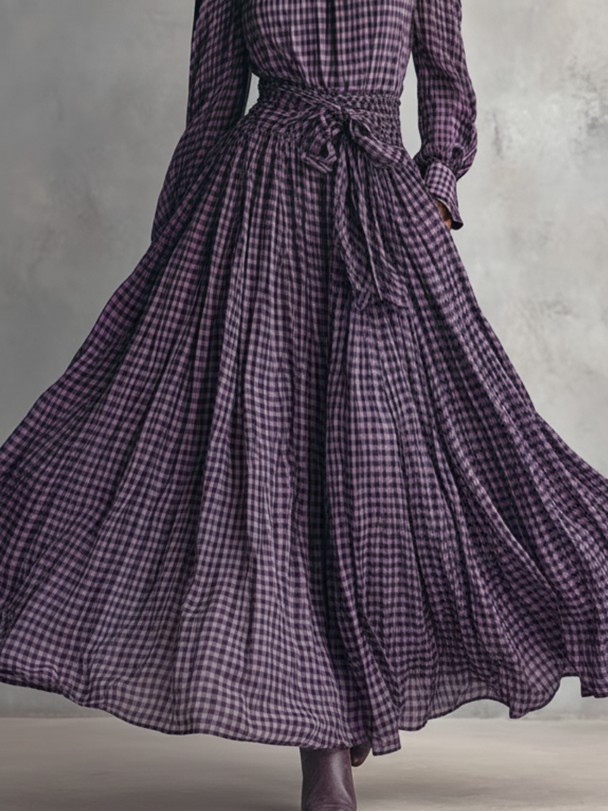 Women's Plaid Blended Half-high Collar Long-sleeved Blouse And Long Skirt Set