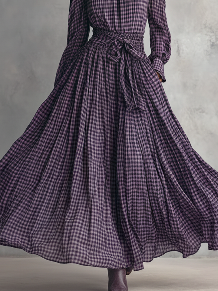 Women's Plaid Blended Half-high Collar Long-sleeved Blouse And Long Skirt Set