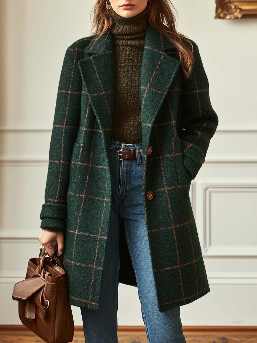 Women's Retro Lapel Plaid Tweed Coat - Eliza-Warszawa