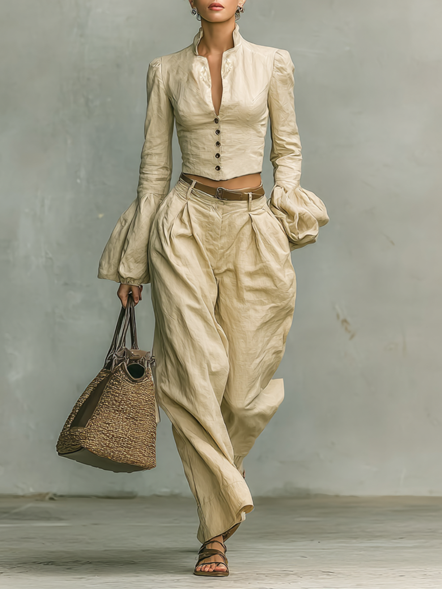 Women's Retro Linen-like Fabric Stand-up Collar Single-breasted Shirt Trousers Two-piece Set - Eliza-Warszawa