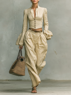 Women's Retro Linen-like Fabric Stand-up Collar Single-breasted Shirt Trousers Two-piece Set - Eliza-Warszawa