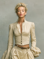Women's Retro Linen-like Fabric Stand-up Collar Single-breasted Shirt Trousers Two-piece Set - Eliza-Warszawa