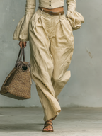 Women's Retro Linen-like Fabric Stand-up Collar Single-breasted Shirt Trousers Two-piece Set - Eliza-Warszawa