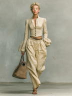 Women's Retro Linen-like Fabric Stand-up Collar Single-breasted Shirt Trousers Two-piece Set - Eliza-Warszawa