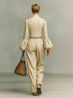 Women's Retro Linen-like Fabric Stand-up Collar Single-breasted Shirt Trousers Two-piece Set - Eliza-Warszawa