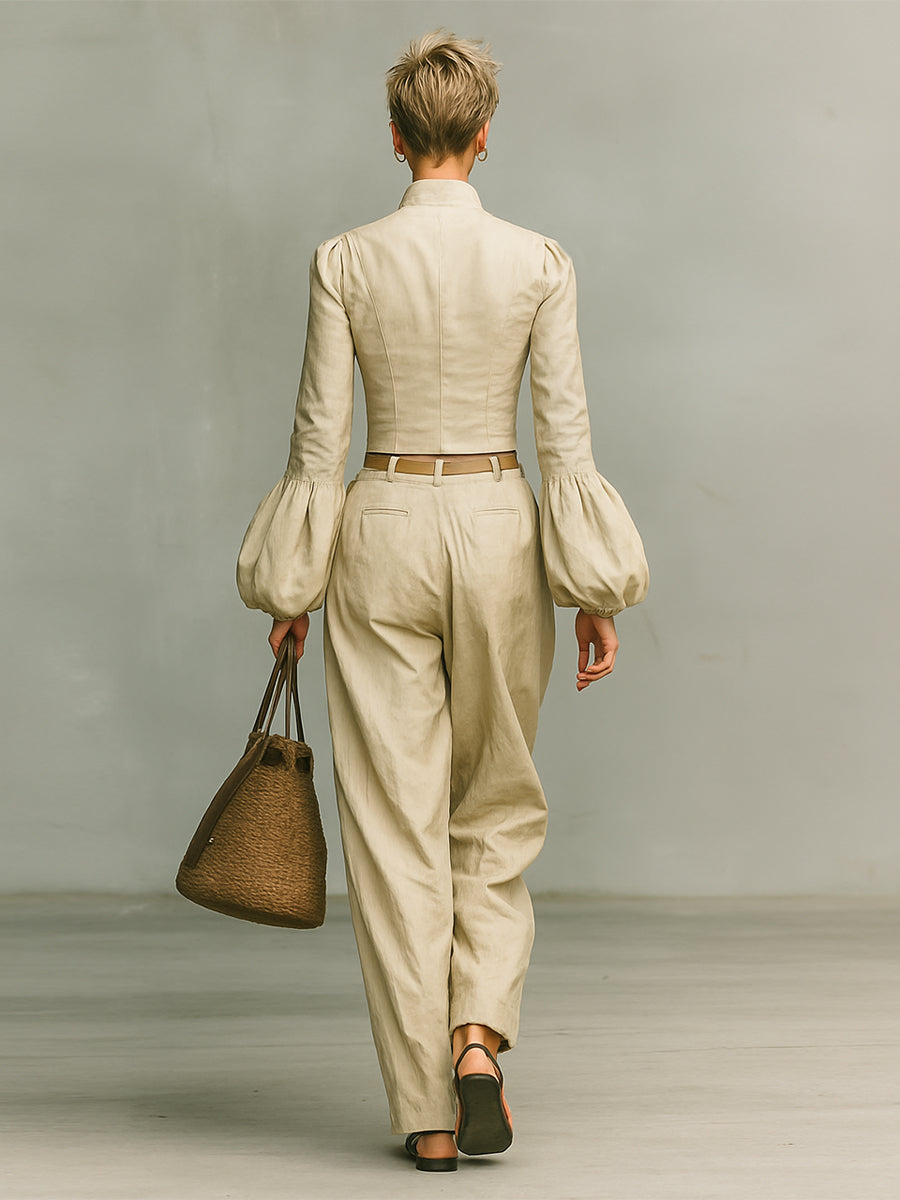 Women's Retro Linen-like Fabric Stand-up Collar Single-breasted Shirt Trousers Two-piece Set - Eliza-Warszawa