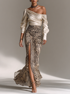 Women's Satin Off-shoulder Long-sleeved Top With Zebra Print Hip-wrapped Slit Skirt Two-piece Set - Eliza-Warszawa