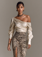 Women's Satin Off-shoulder Long-sleeved Top With Zebra Print Hip-wrapped Slit Skirt Two-piece Set - Eliza-Warszawa
