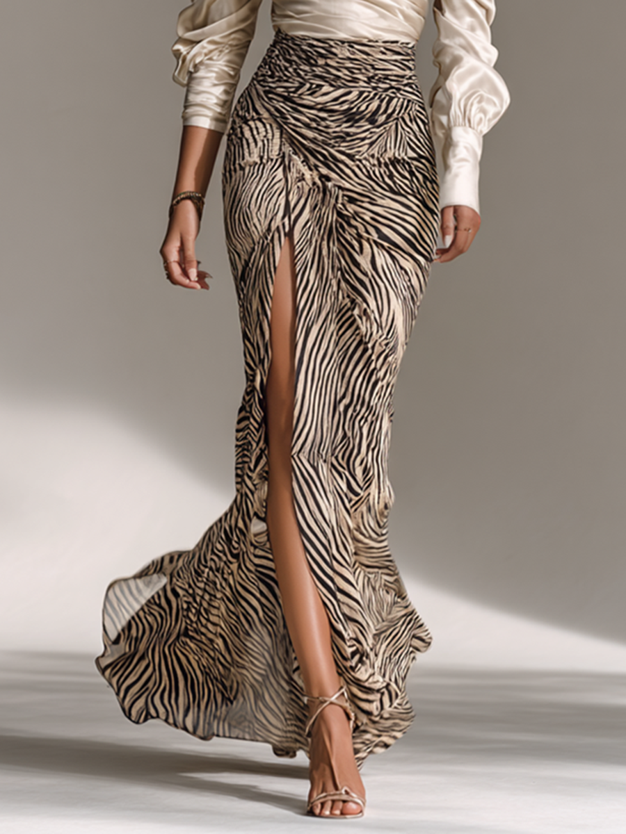 Women's Satin Off-shoulder Long-sleeved Top With Zebra Print Hip-wrapped Slit Skirt Two-piece Set - Eliza-Warszawa
