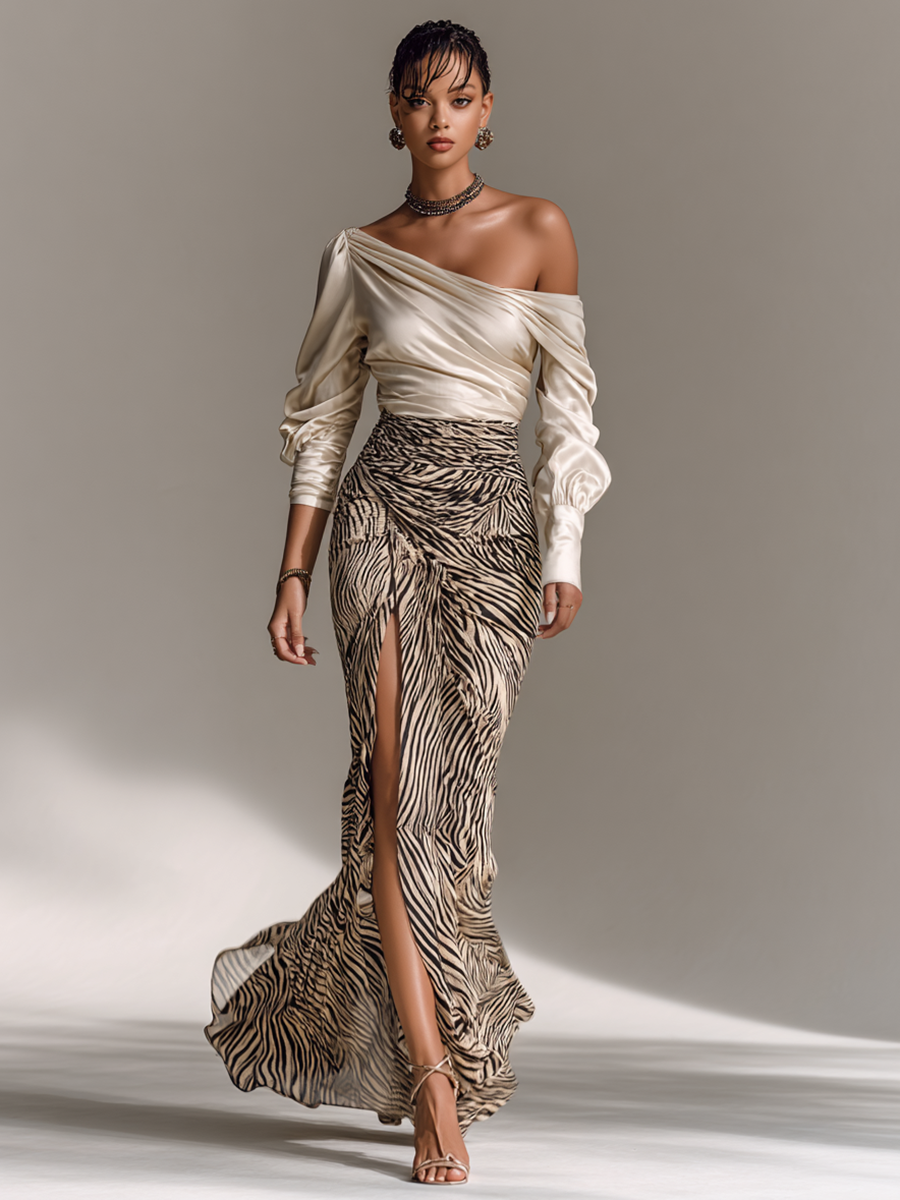 Women's Satin Off-shoulder Long-sleeved Top With Zebra Print Hip-wrapped Slit Skirt Two-piece Set - Eliza-Warszawa