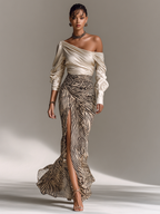Women's Satin Off-shoulder Long-sleeved Top With Zebra Print Hip-wrapped Slit Skirt Two-piece Set - Eliza-Warszawa