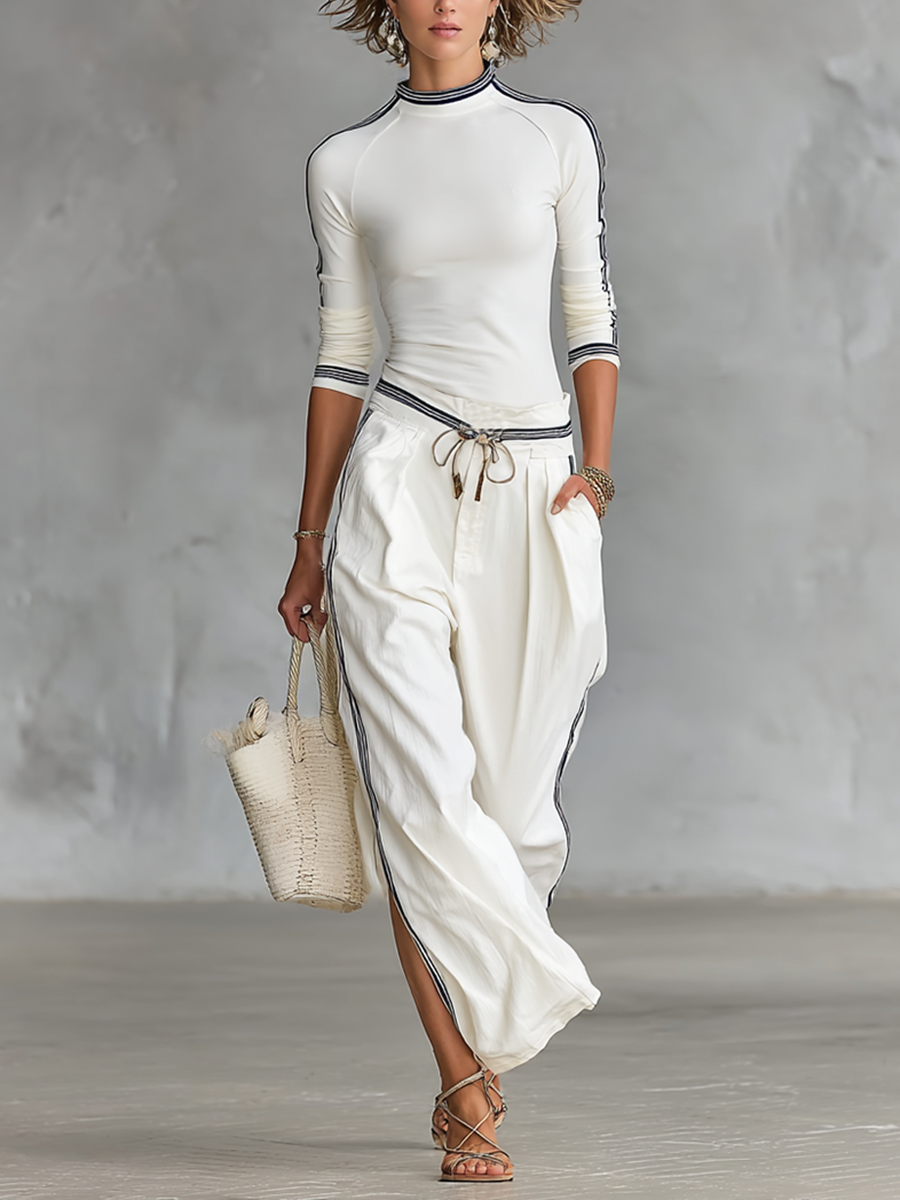 Women's Sports Half-high-neck Long-sleeved T-shirt Drawstring Wide-leg Pants Two-piece Set - Eliza-Warszawa