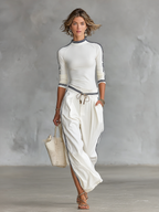 Women's Sports Half-high-neck Long-sleeved T-shirt Drawstring Wide-leg Pants Two-piece Set - Eliza-Warszawa