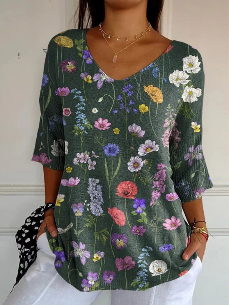 Women's Spring Botanical Print Casual Knit Sweater - Eliza-Warszawa