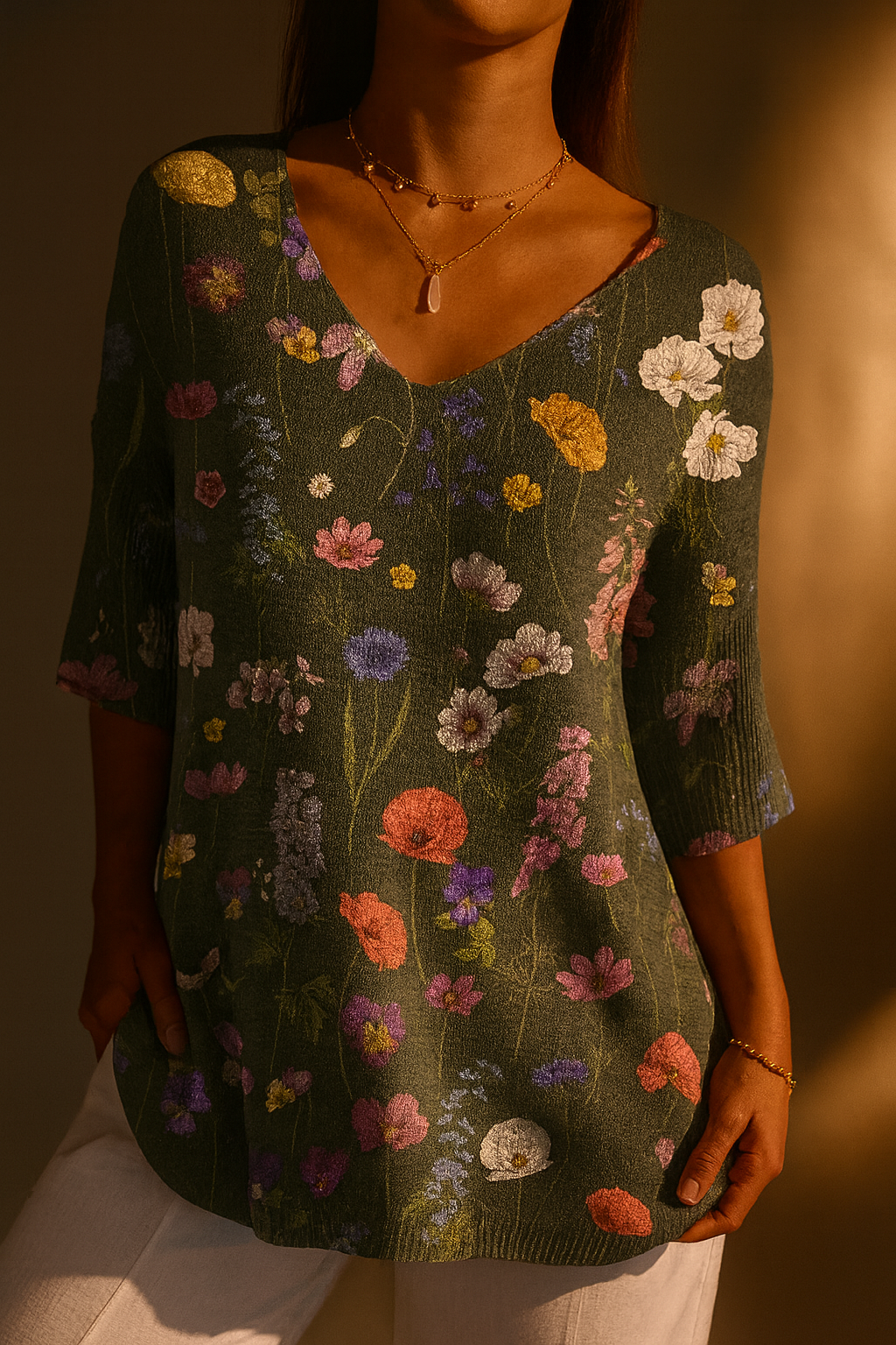 Women's Spring Botanical Print Casual Knit Sweater - Eliza-Warszawa