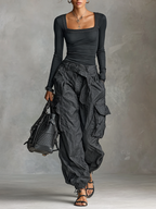 Women's Square Neck Long Sleeve T-Shirt Multi-Pocket Cargo Pants Two-Piece Set - Eliza-Warszawa