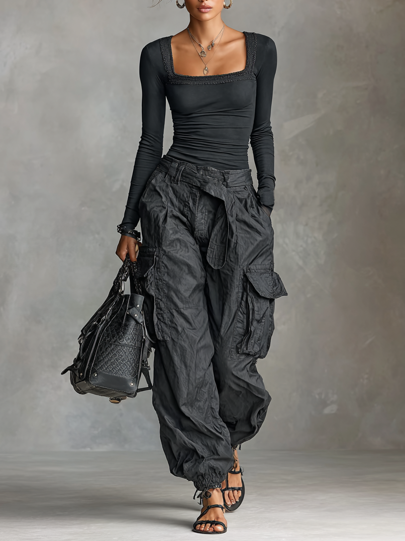 Women's Square Neck Long Sleeve T-Shirt Multi-Pocket Cargo Pants Two-Piece Set - Eliza-Warszawa