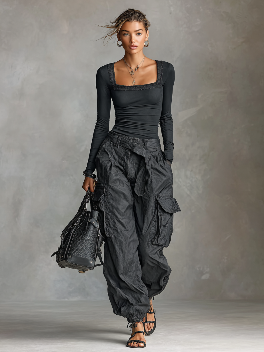 Women's Square Neck Long Sleeve T-Shirt Multi-Pocket Cargo Pants Two-Piece Set - Eliza-Warszawa