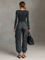 Women's Square Neck Long Sleeve T-Shirt Multi-Pocket Cargo Pants Two-Piece Set - Eliza-Warszawa