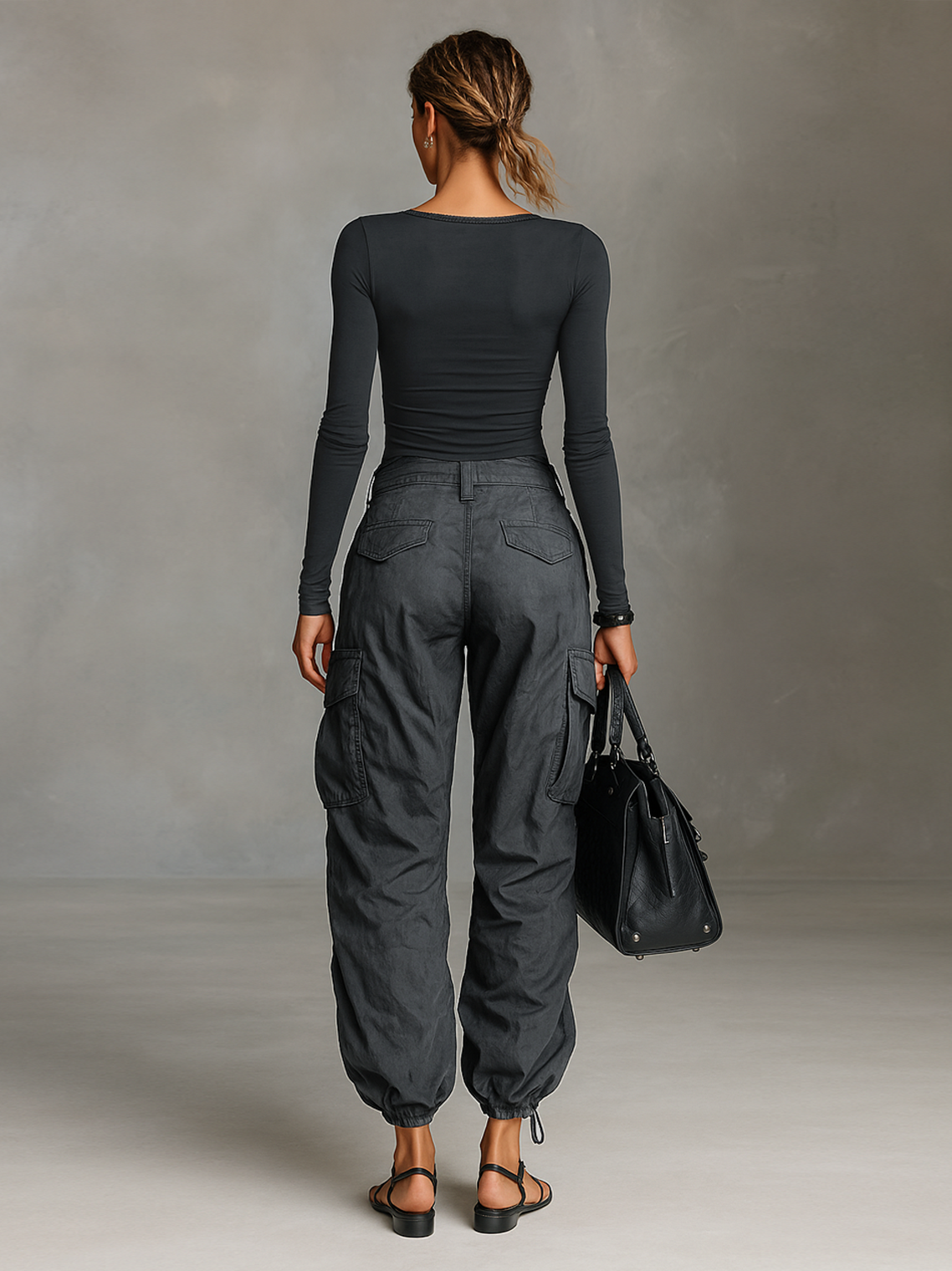 Women's Square Neck Long Sleeve T-Shirt Multi-Pocket Cargo Pants Two-Piece Set - Eliza-Warszawa