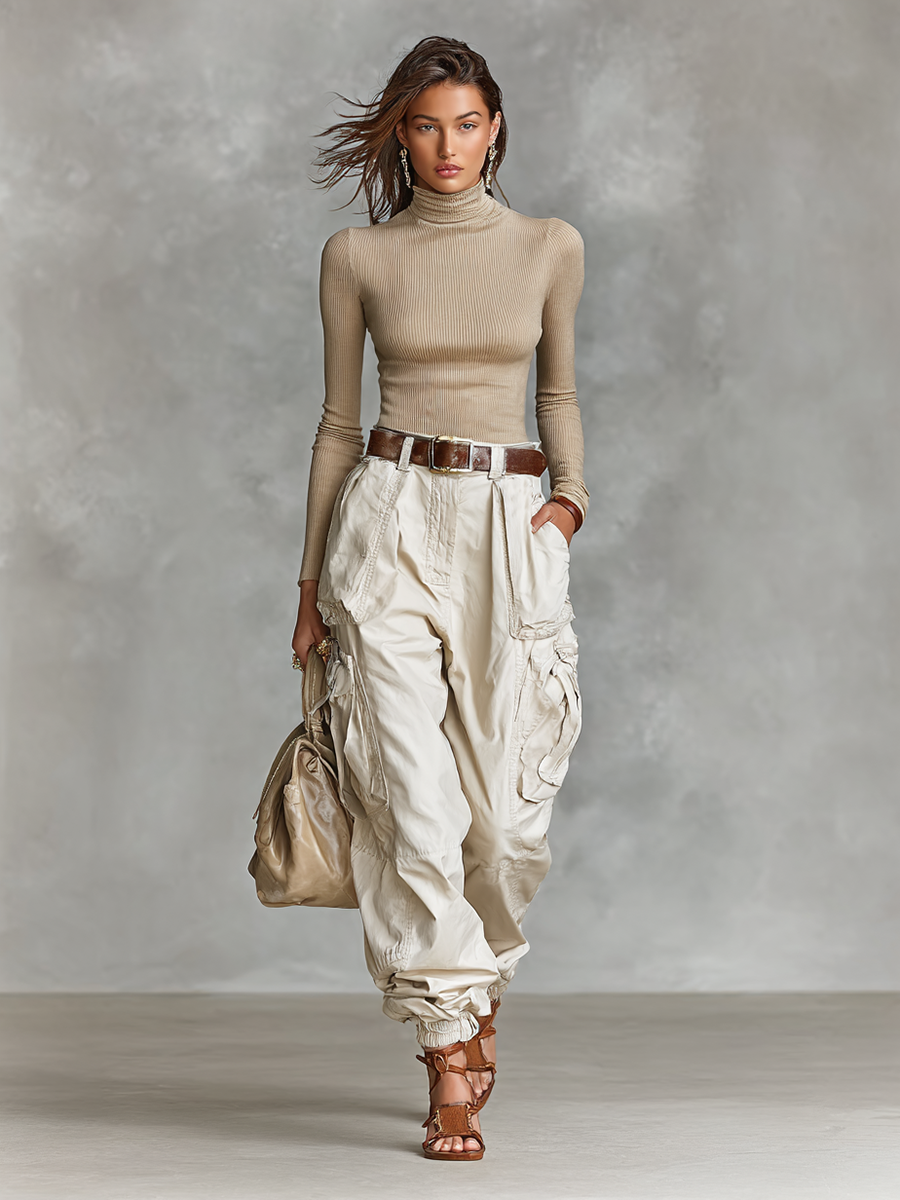 Women's Tight High Neck Long Sleeve T-shirt Multi-pocket Cargo Pants Two-piece Set (without Belt) - Eliza-Warszawa