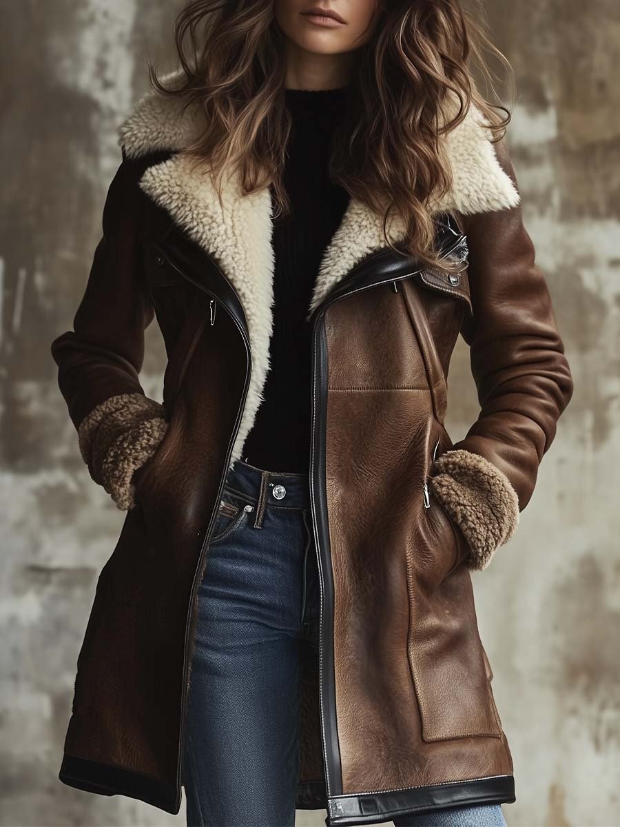 Women's Vintage Contrast Lambskin Collar Faux Leather Coat - Eliza-Warszawa
