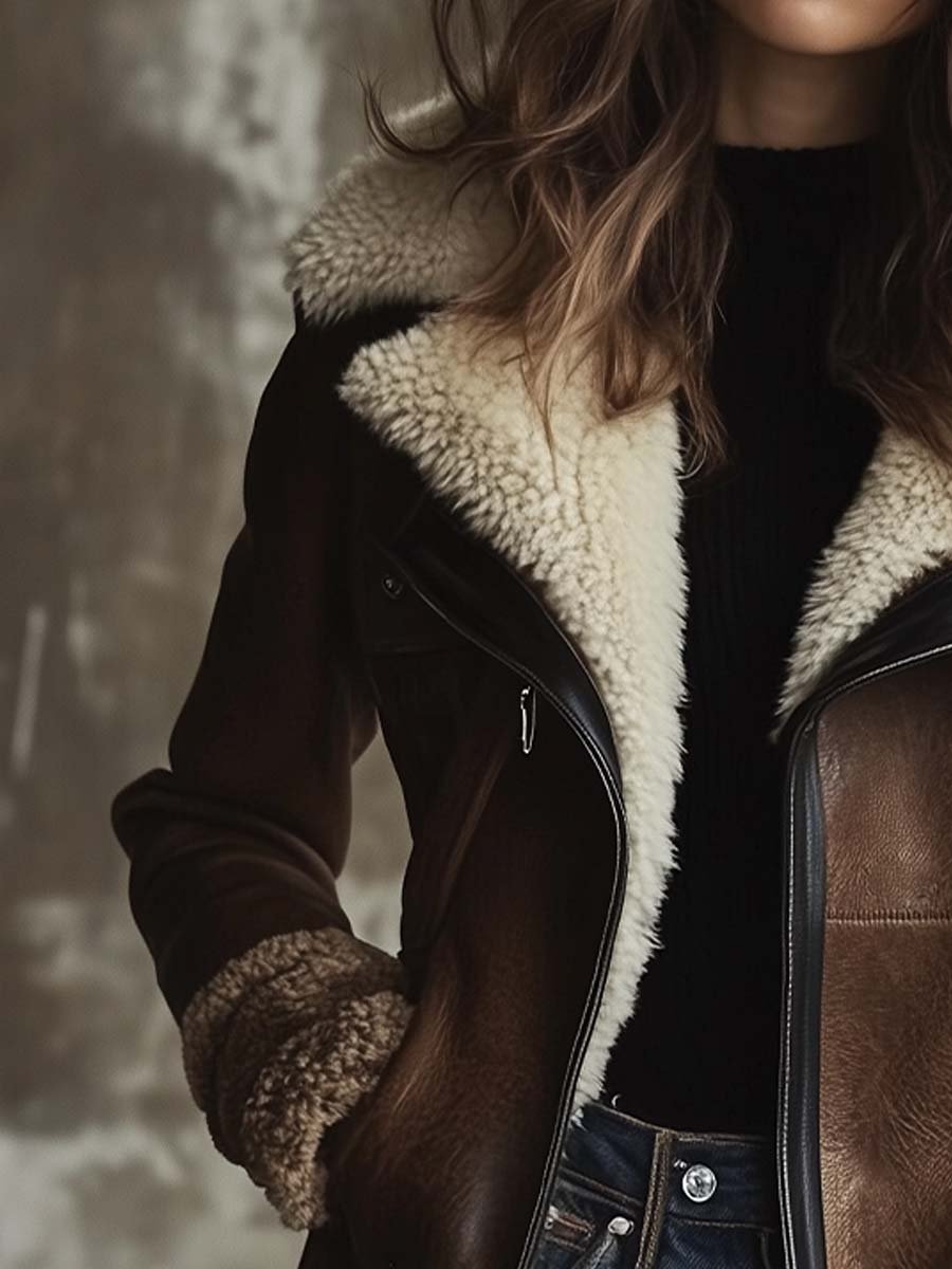 Women's Vintage Contrast Lambskin Collar Faux Leather Coat - Eliza-Warszawa