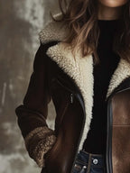 Women's Vintage Contrast Lambskin Collar Faux Leather Coat - Eliza-Warszawa