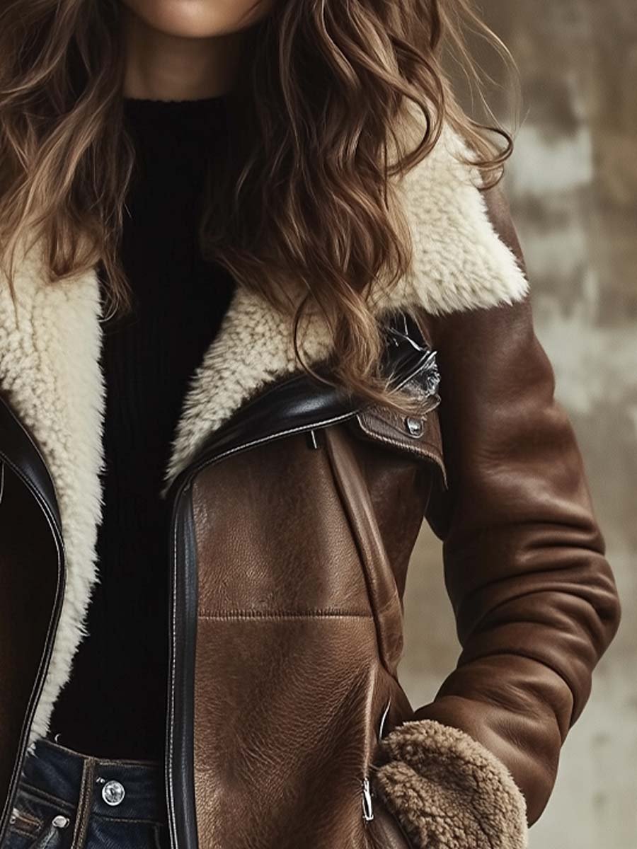 Women's Vintage Contrast Lambskin Collar Faux Leather Coat - Eliza-Warszawa