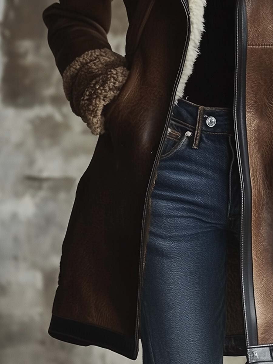 Women's Vintage Contrast Lambskin Collar Faux Leather Coat - Eliza-Warszawa