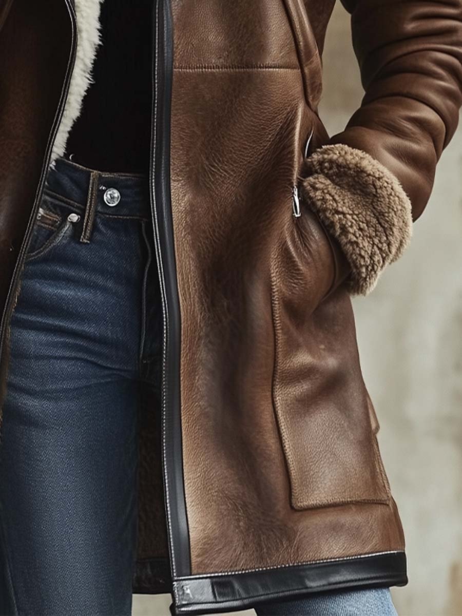 Women's Vintage Contrast Lambskin Collar Faux Leather Coat - Eliza-Warszawa