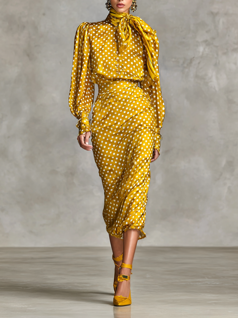 Women's Vintage Satin Polka Dot Print Shirt And Skirt Two-Piece Set (Not including scarf) - Eliza-Warszawa