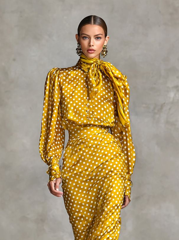 Women's Vintage Satin Polka Dot Print Shirt And Skirt Two-Piece Set (Not including scarf) - Eliza-Warszawa